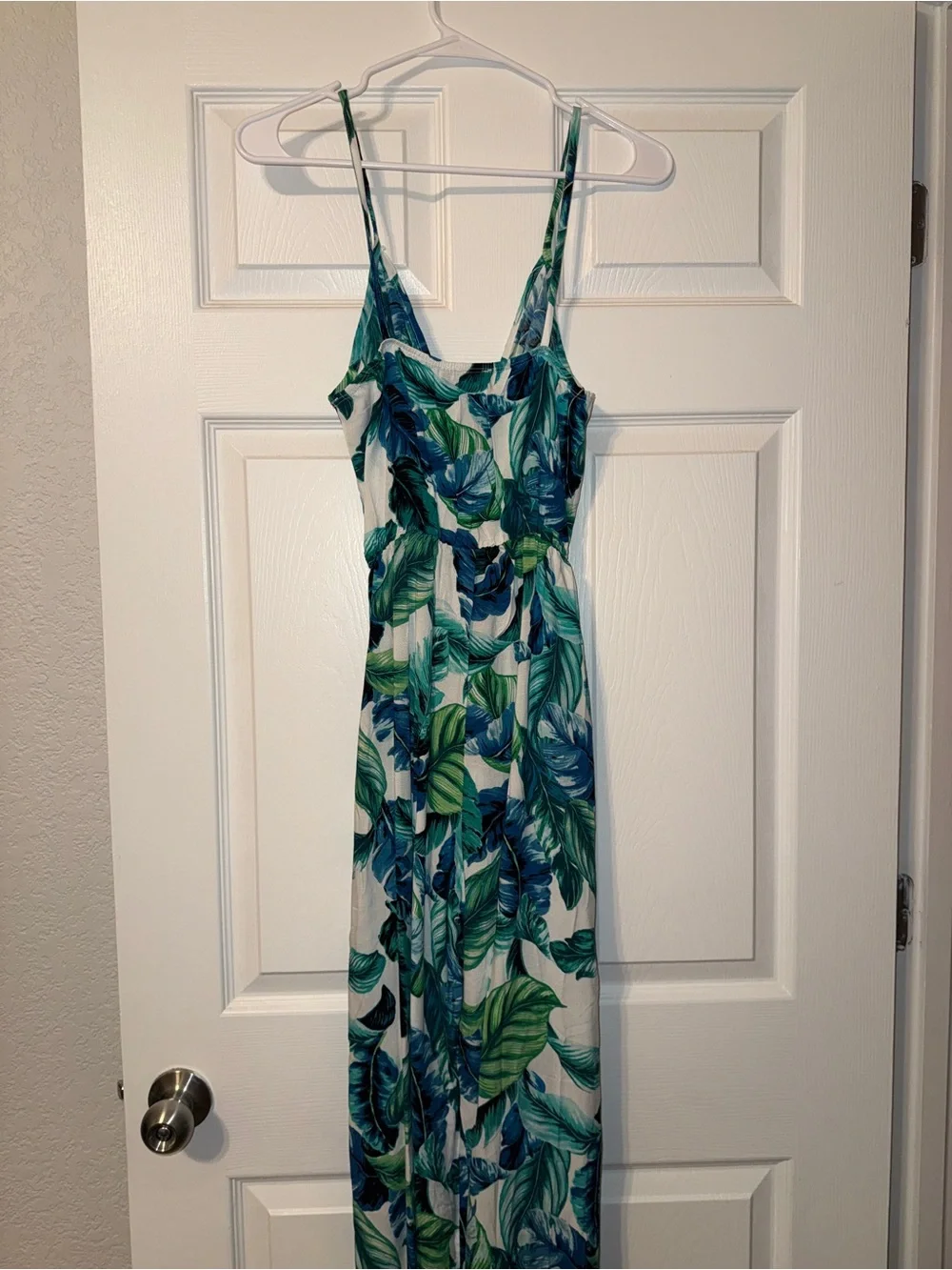 Fashion Nova Green & Blue Tropical Leaf Jumpsuit Romper